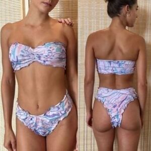 Oceanus, Teresa Bandeau Ruffle Abstract Bikini Set, Purple/Seafoam/Lilac, Size S
